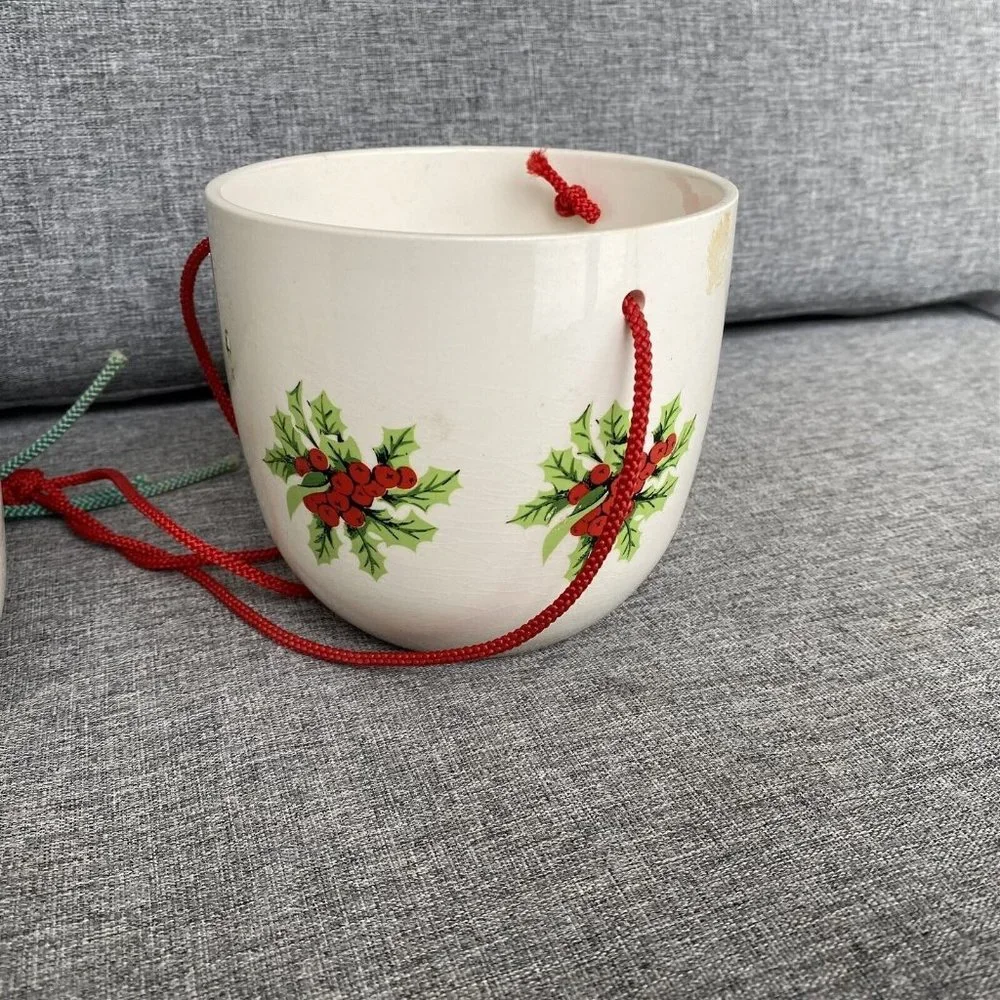 Vintage Ceramic Hanging Planter Christmas Country Sleigh Holly Berry Set of 2